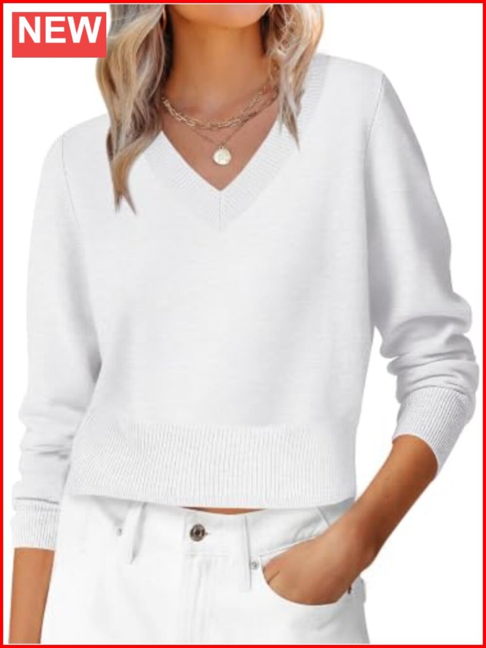 Women's Long Sleeve V Neck Cropped Sweater Pullover Knit Top